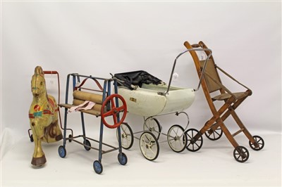 Lot 2792 - Victorian wooden folding doll's stroller, Mo Bo tin plate push-a-long horse, Tri-ang pram and mangle.