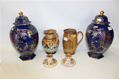Lot 2102 - Pair of Charlotte Rhead candlesticks, pair of Wilton Ware vases and covers, Victorian Doulton Gladstone jug and a Victorian Doulton jug