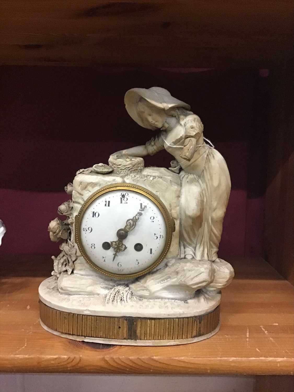 Lot 140 - 19th century French bisque mantel clock with white enamel dial and gilt mounts