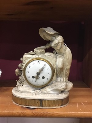 Lot 140 - 19th century French bisque mantel clock with white enamel dial and gilt mounts
