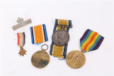 Lot 517 - First World War Medal (naming erased), together with two Victory medals named to C.Elliott - Birks. and 46389. PTE. F. Pennington. S. Lan. R., a miniature 1914-15 star and an Imperial Service Badge