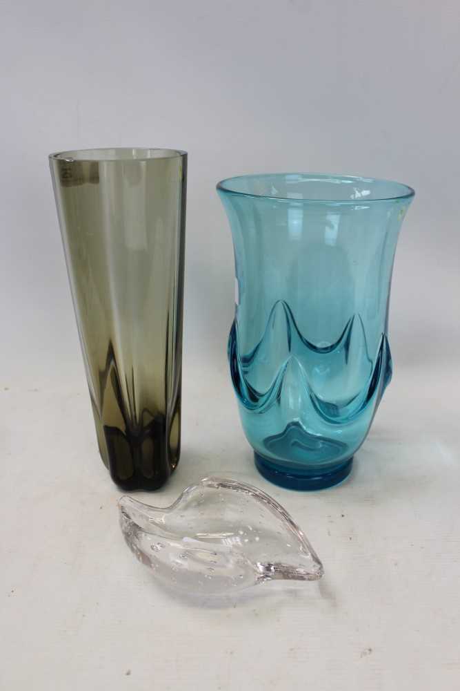 Lot 2088 - Whitefriars glass Twilight lobed glass vase designed by Geoffrey Baxter, circa 1957, 1930s Whitefriars blue glass vase with applied swags together with a 1960s Whitefriars glass shell dish designe...