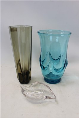 Lot 2088 - Whitefriars glass Twilight lobed glass vase designed by Geoffrey Baxter, circa 1957, 1930s Whitefriars blue glass vase with applied swags together with a 1960s Whitefriars glass shell dish designe...
