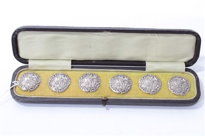 Lot 326 - Six silver buttons with romantic figures - hallmarked birm. 1901 - in original case.