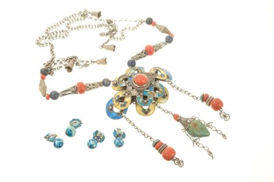 Lot 578 - Antique large coral bead necklace with enamelled centre piece - total length 17 inches - together with four enamel buttons