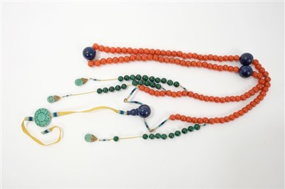 Lot 574 - Very unusual antique chinese high-ranking official necklace with 108 agate beads - four large lapis lazuli beads - approx one inch in diameter - total length approx 35 inches. photo please.