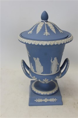 Lot 2108 - Wedgwood Jasperware two handled urn with cover, boxed
