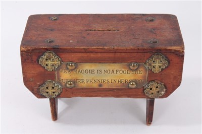 Lot 801 - Victorian folk art novelty money box - Wee Maggie is no a fool, she puts her money in her stool’