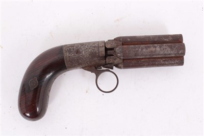 Lot 900 - Mid-19th century Belgian percussion pepper box revolver with four turn off barrels, foliage engraved cylindrical frame with ring trigger and rosewood grips-Liege proofs -the barrels 6cm, the gun 17...