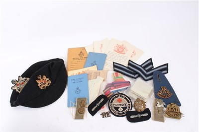 Lot 521 - Collection of Second World War ephemera to include seven medal slips, blank condolence slips. Postcards, newspaper clippings, cloth badges and cap badges and some medal ribbons