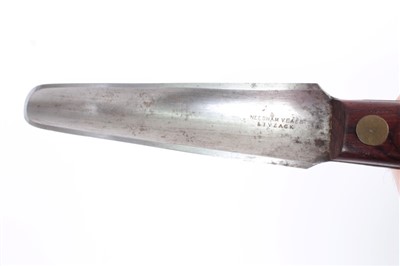 Lot 825 - Unusual early 20th century knife by Needham Veall and Tyzack with hollow ground blade and rounded point ,rosewood grips with brass studs and leather sheath and a hunting knife (2)