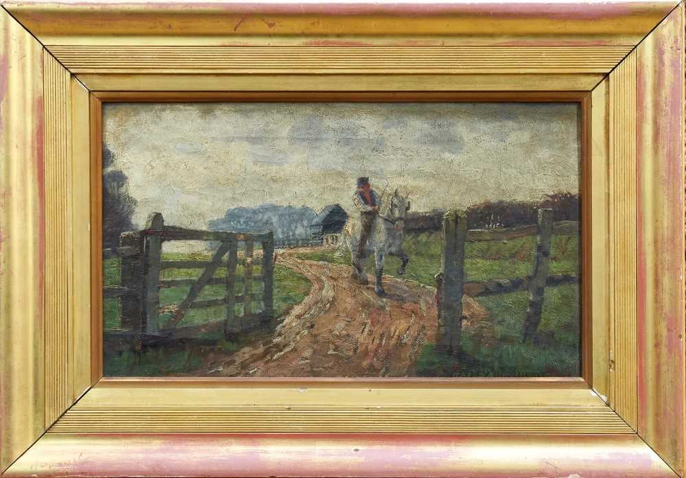 Lot 988 - Frederick Cayley Robinson (1862-1927) signed oil on canvas - figure on horseback in field, in gilt frame, 29cm x 50cm