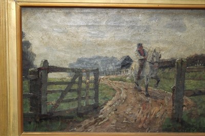 Lot 988 - Frederick Cayley Robinson (1862-1927) signed oil on canvas - figure on horseback in field, in gilt frame, 29cm x 50cm