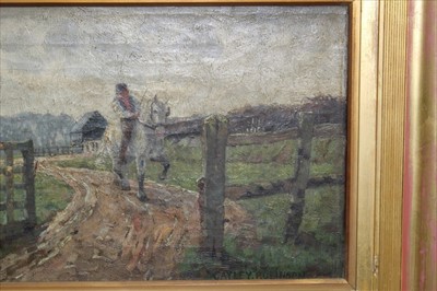 Lot 988 - Frederick Cayley Robinson (1862-1927) signed oil on canvas - figure on horseback in field, in gilt frame, 29cm x 50cm