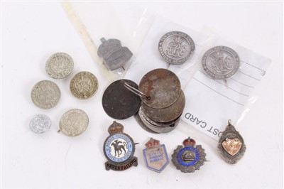 Lot 538 - First World War Silver War Badge, numbered B275633, another numbered B155937, together with five Second World War Loyal Service badges, Eight Dog tags, a silver ARP badge and others