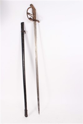 Lot 831 - Imperial German heavy cavalry officers dress sword with brass three bar hilt, wire bound shagreen grip , straight multi-fullered blade in black enamelled steel scabbard