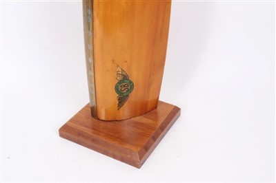Lot 552 - First World War Wooden propeller fragment with badge- “Sensenich Bros Lititz PA”