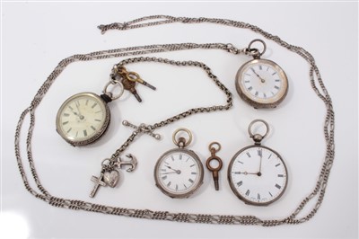 Lot 3254 - Four silver fob watches with two silver fob chains