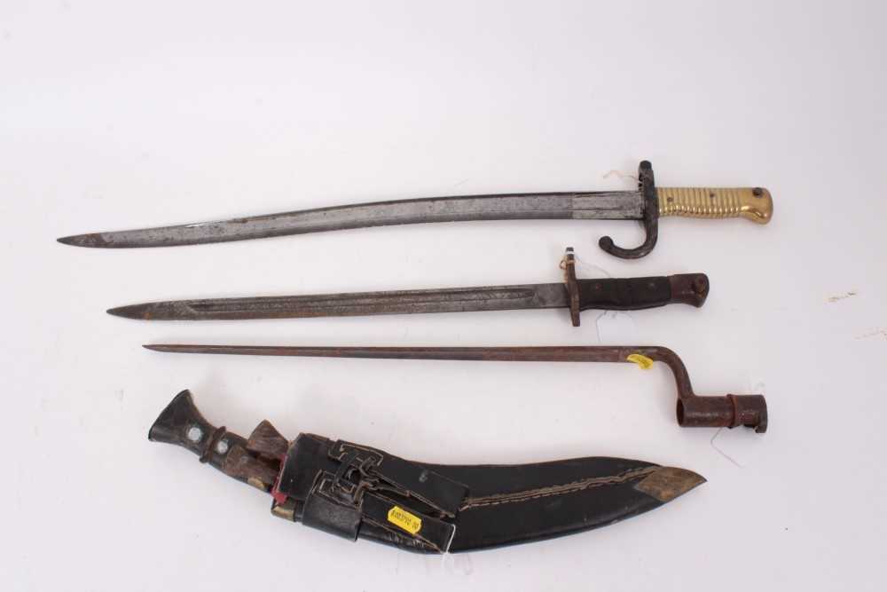 Lot 841 - French 1866 Chassepot bayonet, Remington bayonet, socket bayonet and Kukri (4)