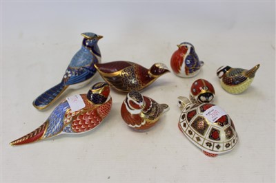 Lot 2109 - Eight Royal Crown Derby paperweights including Turtle, Ladybird, Coot and other birds, 5 with boxes