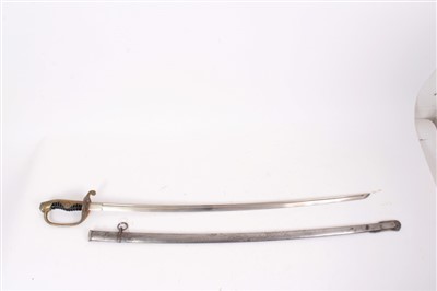 Lot 845 - Early 20th Century Japanese Infantry Officers’ Dress sword with brass hilt, floral mon decoration, plated slightly curved blade in steel scabbard