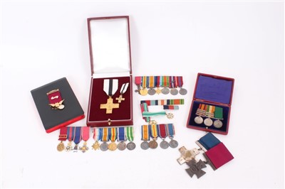 Lot 600 - Group of five various miniature medal groups, together with a silver league of mercy medal and coins