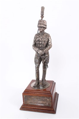 Lot 602 - Contemporary silver model of a County of London Yeomanry solider, mounted on wooden base, with presentation plaque- “ Presented to Bob Moore M.M. With the gratitude from the Readers of The Sharpsho...