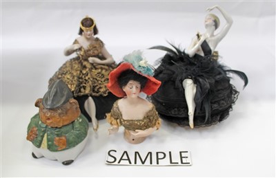 Lot 2161 - Collection of antique porcelain pin cushion dolls and similar porcelain items including Snowbabies