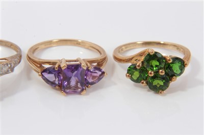 Lot 3296 - Five gold (9ct) gem set dress rings