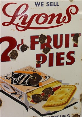 Lot 3607 - Rectangular enamel advertising sign 'We sell Lyons 2d Fruit Pies Many Varieties'