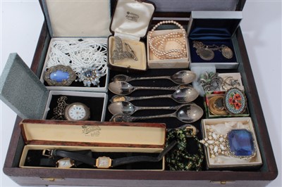 Lot 3299 - Wooden canteen case contacting costume jewellery, silver cased fob watch and chain, two vintage gold cased ladies wristwatches and set of six silver teaspoons