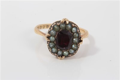 Lot 3311 - Gold (18ct) ruby and seed pearl ring