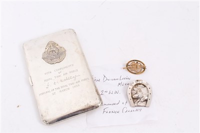 Lot 608 - Thai silver Royal Thai Air Force cigarette case, with presentation inscription, together with a French military badge and a First World War yellow metal badge (3)