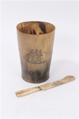 Lot 958 - Antique horn beaker and a scrimshaw knife (2)