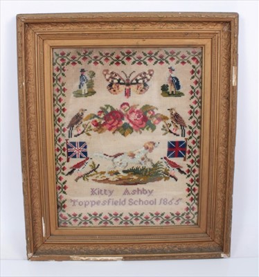 Lot 3098 - Victorian Sampler cross stitch embroidery depicting figures, birds, roses and dog within a scrolling rose bud border. Kitty Ashby Toppesfield School 1865.