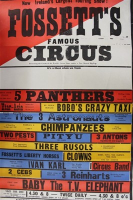 Lot 2467 - Circus Posters: Two Fossett’s Circus line-up posters, both circa 1960s, both printed by Roscommon Herald, Boyle, 76cm x 50cm and 57cm x 29cm approximately