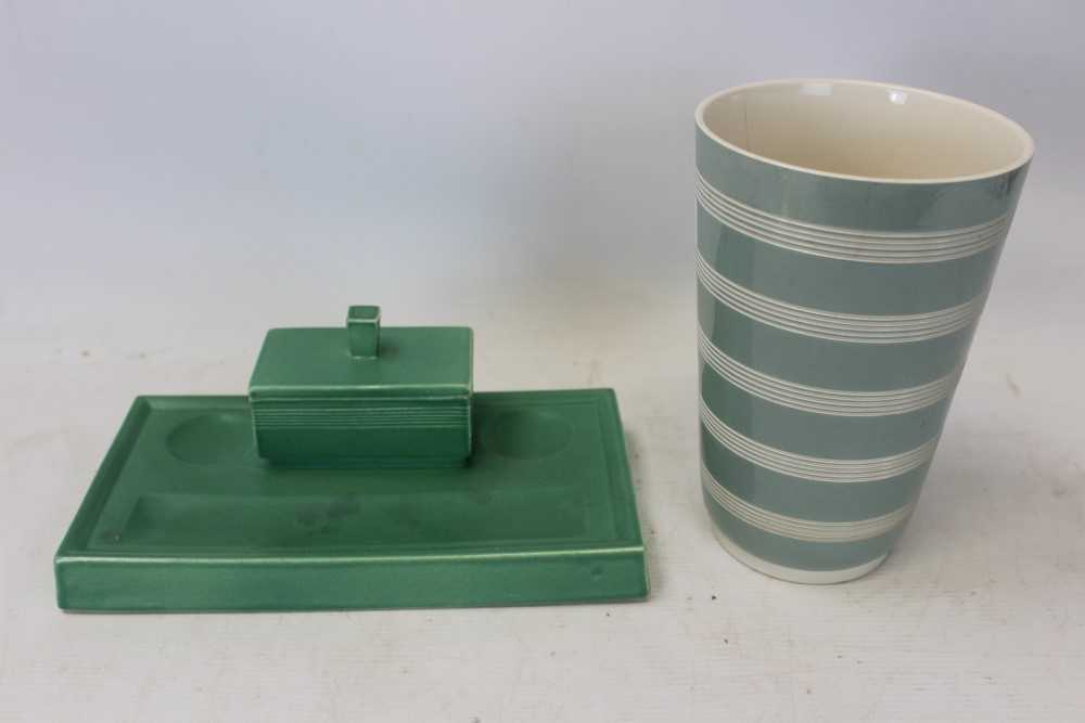 Lot 2120 - Wedgwood Keith Murray green glazed desk stand, 25cm wide and a Keith Murray vase, 20cm high (2)