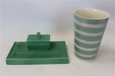 Lot 2120 - Wedgwood Keith Murray green glazed desk stand, 25cm wide and a Keith Murray vase, 20cm high (2)