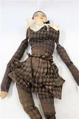 Lot 2810 - 1920s/30s Boudoir Pierrot fabric doll. Moulded and painted face. 98cms long (approximately)