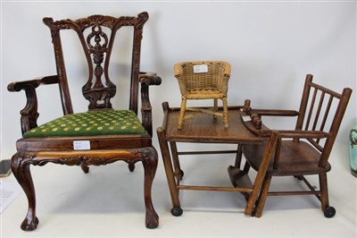 Lot 3638 - Chippendale-style settee, carver chair, small rattan chair and child's high chair