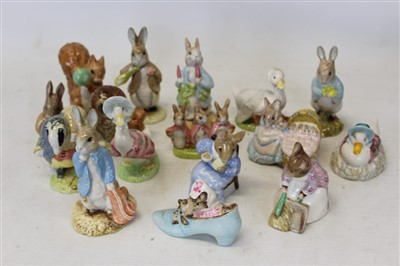 Lot 2135 - Sixteen Royal Albert Beatrix Potter figures - Squirrel Nutkin, Jemima Puddleduck, Benjamin Bunny Sat on a Bank, Jemima Puddleduck Made a Feather Nest, Cottontail, Old Mr Brown, Tommy Brock, Peter a...