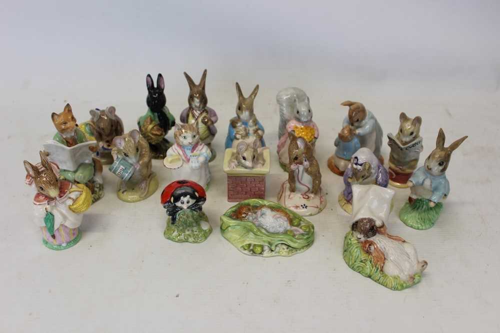 Lot 2136 - Eighteen Royal Albert Beatrix Potter figures - Foxy Reading, Goody Tiptoes, Mrs Ribby, Mrs Rabbit and Peter, Hunca Munca spills the beads, Lady Mouse made a Curtsy, Timmy Willie Sleeping, Benjamin...