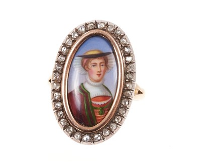 Lot 495 - 19th Century Swiss enamel and diamond dress ring with a portrait of a young lady in the costume of St. Gallen