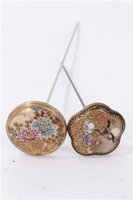 Lot 3370 - Two Late 19th century Japanese Satsuma plaque mounted hatpins finely painted with birds and flora