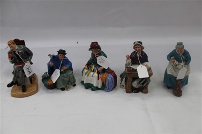 Lot 2140 - Five Royal Doulton figures - Tuppence A Bag HN2320, Antique Dealer HN4424, The Favourite HN2249, Schoolmarm HN2223 and Silks and Ribbons HN2017