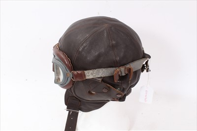 Lot 558 - Vintage pilot’s brown leather flying helmet and goggles