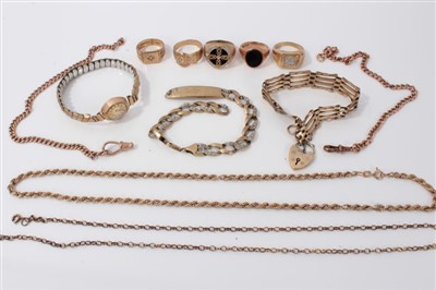 Lot 3349 - Collection of 9ct gold jewellery to include five signet rings, gate bracelet, identity bracelet, three chains ans a 9ct gold cased wristwatch on plated expandable bracelet