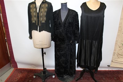 Lot 3102 - Ladies 1920s velvet devore evening dress, silk and chiffon drop waist dress and a black embroidered evening blouse.