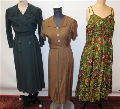 Lot 3103 - 1930s/40s ladies printed silk dress, brocade evening gown with matching bolero, brown day dress and a button through dress by Koupy.
