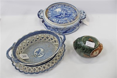 Lot 2167 - Early 19th century English blue and white nut basket and stand with Sphinx decoration and blue and white cheese stand and majolica fish pot and cover
